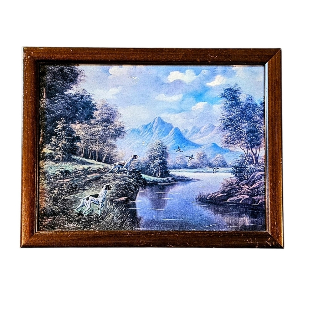 Vintage Hunting Dog Art Print Landscape On Board Framed Signed David 18x13 in